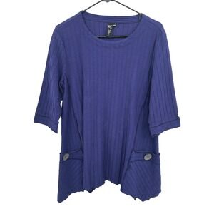 Ribbed Lagenlook Cotton Tunic Top S Blue Swing Asymmetrical Hem Pockets Artsy